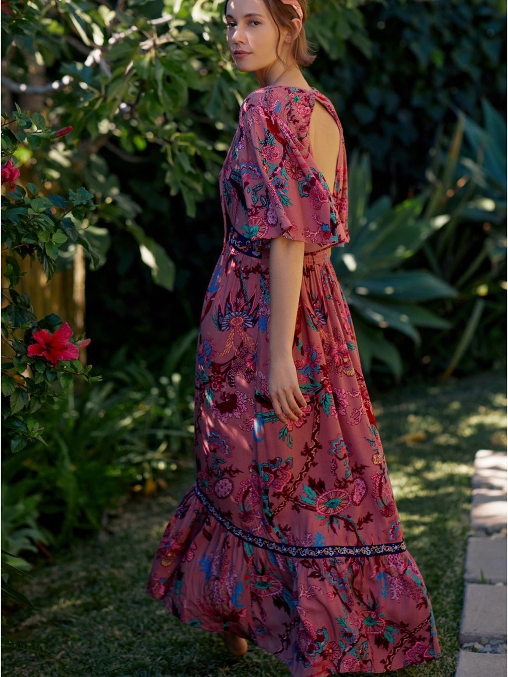 Anthropologie Pink Floral Maxi Dress